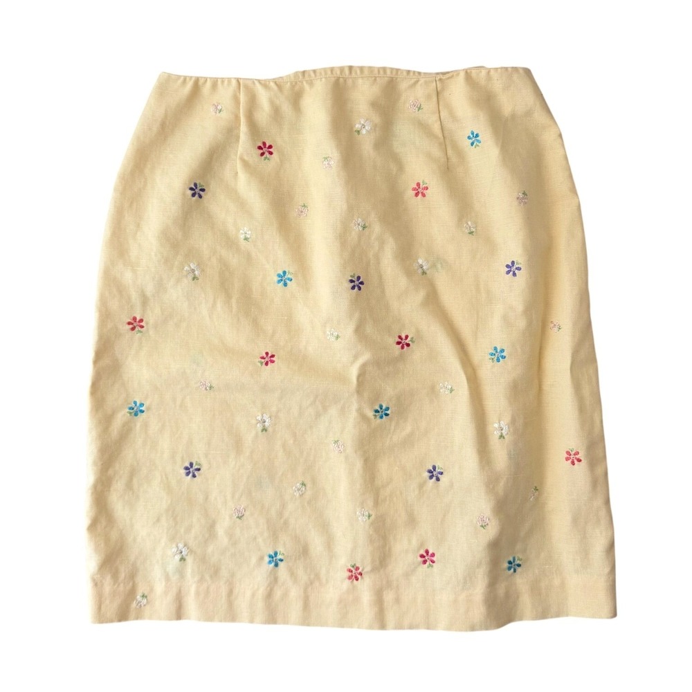 Vintage Talbots Floral Embroidered Linen Mini Skirt Yellow 10 Cottagecore Retro